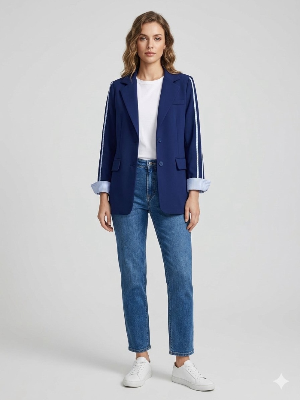JODIFL Navy Blue Stripe-Trim Blazer Size Large